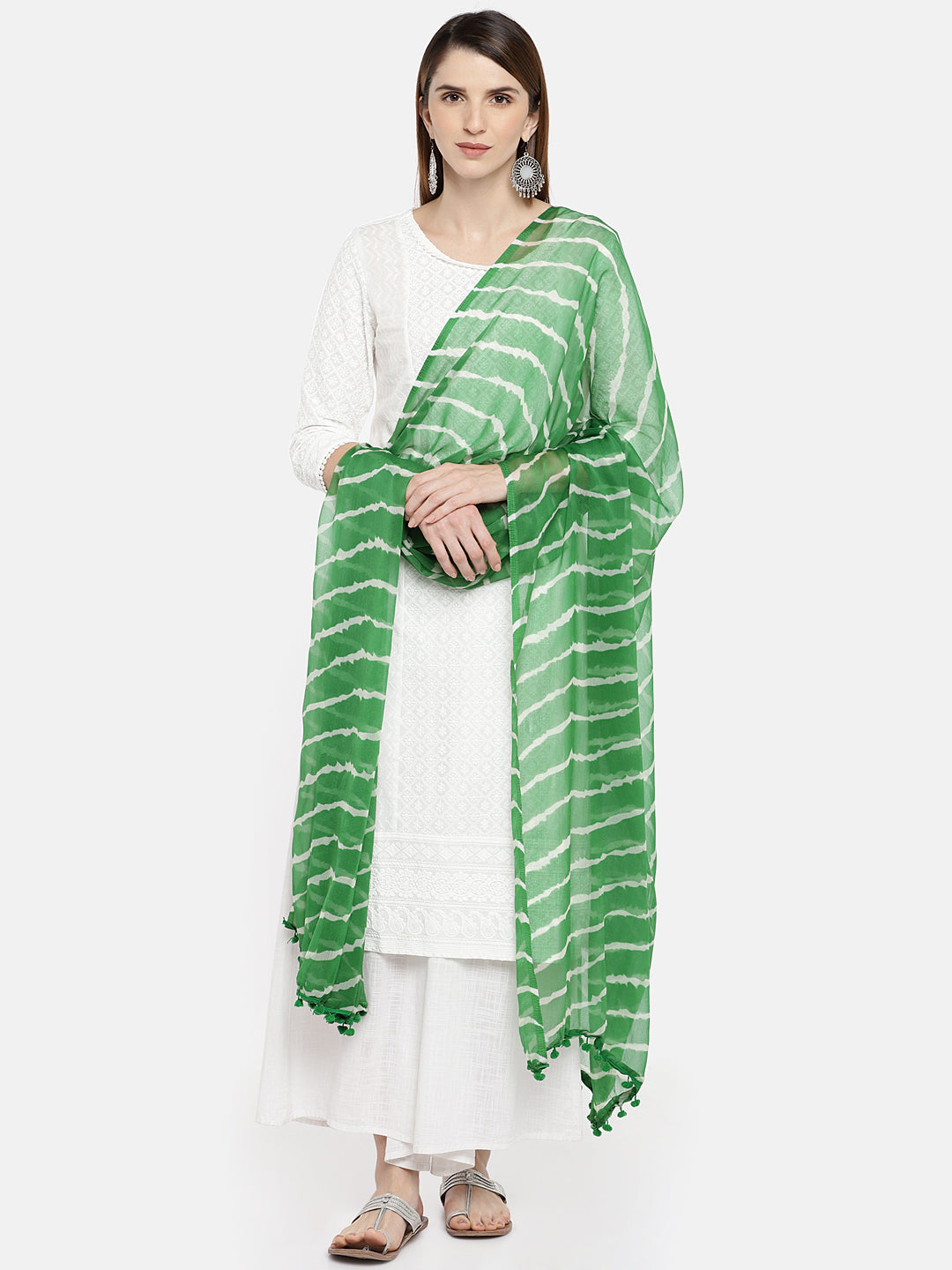 Dupatta Bazaar Woman's Green & White Leheria Chiffon Dupatta - Dupatta Bazaar