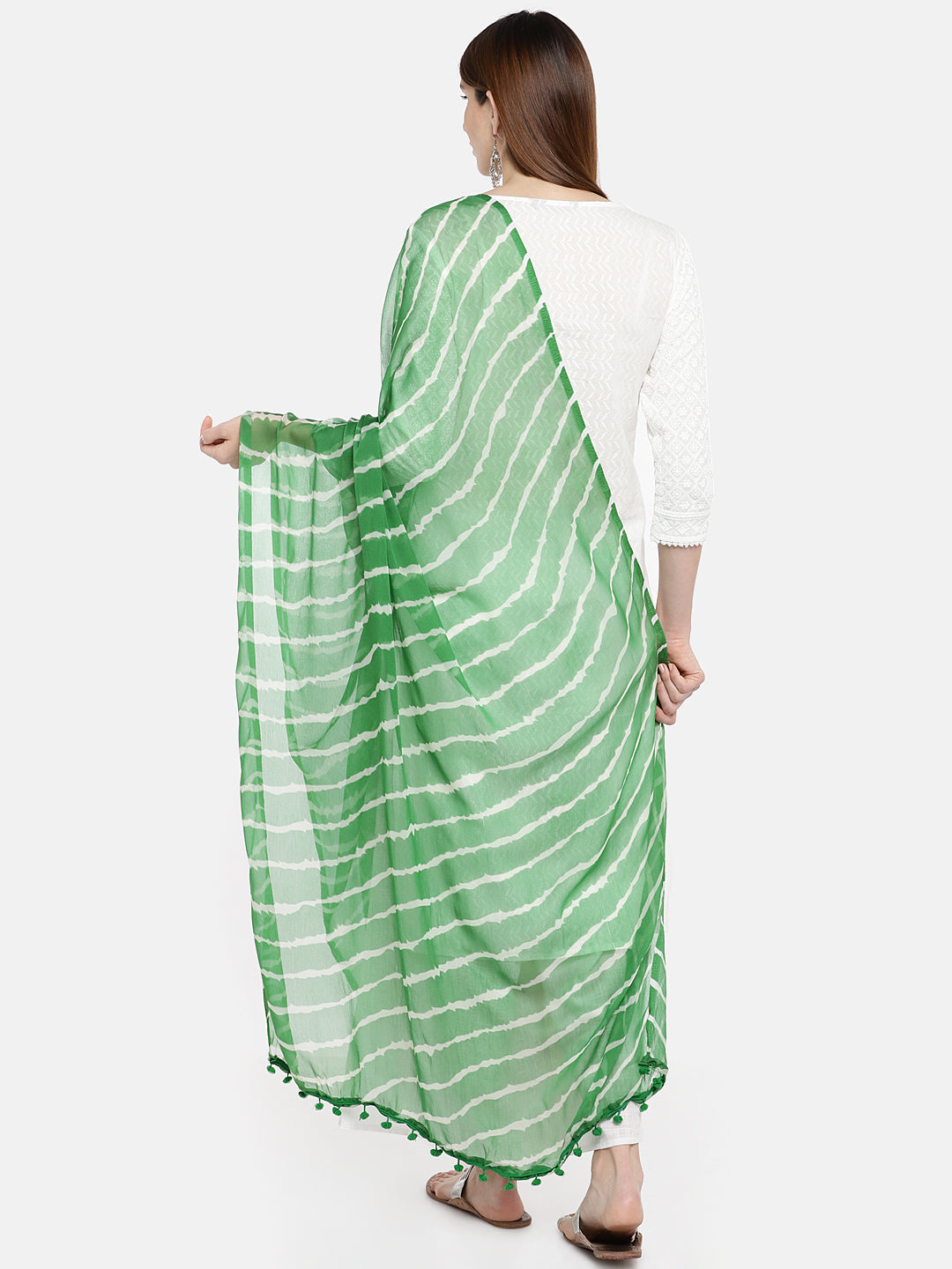 Dupatta Bazaar Woman's Green & White Leheria Chiffon Dupatta - Dupatta Bazaar