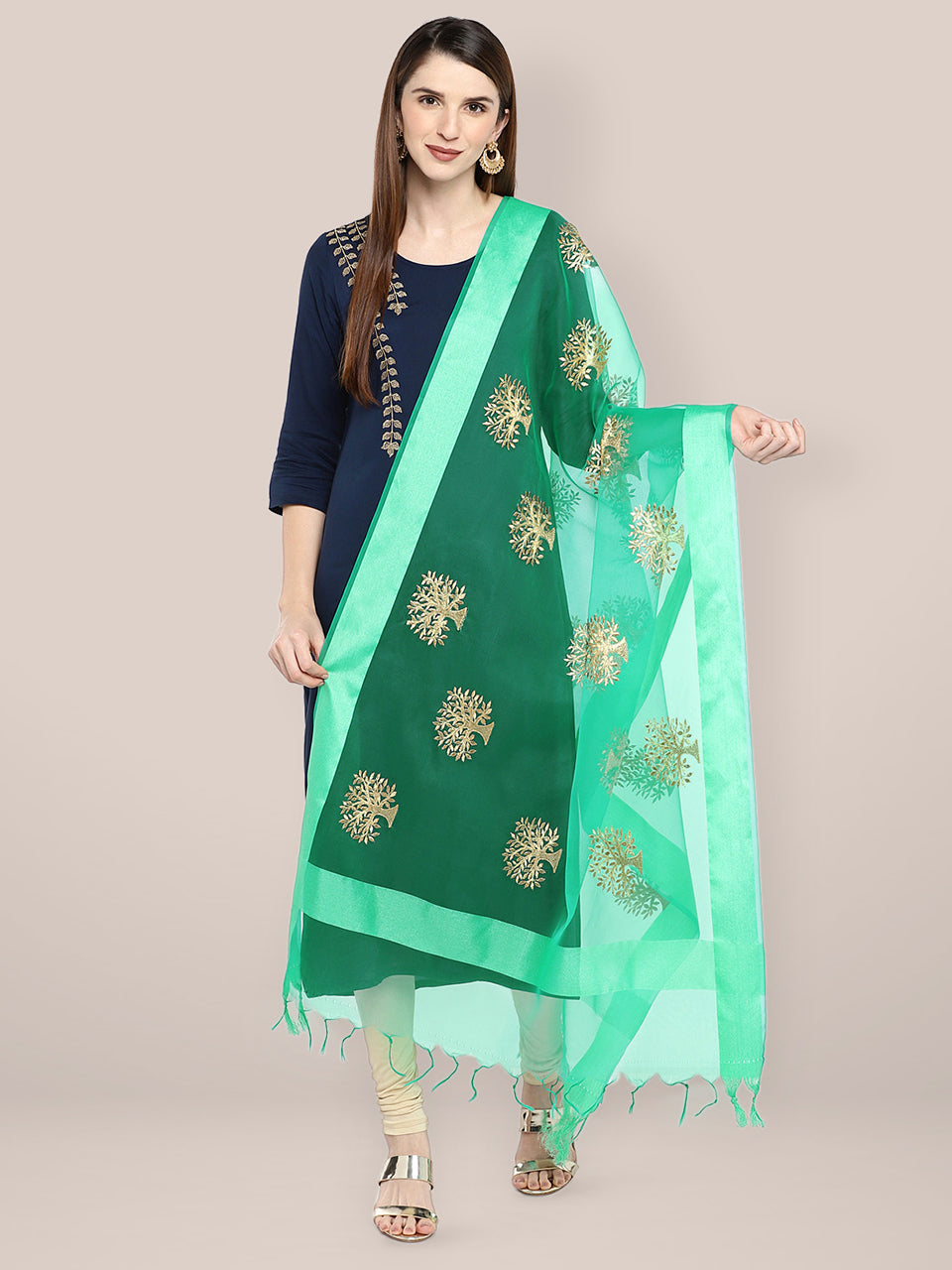 Sea Green Organza Dupatta with Gold Embroidery. freeshipping - Dupatta Bazaar