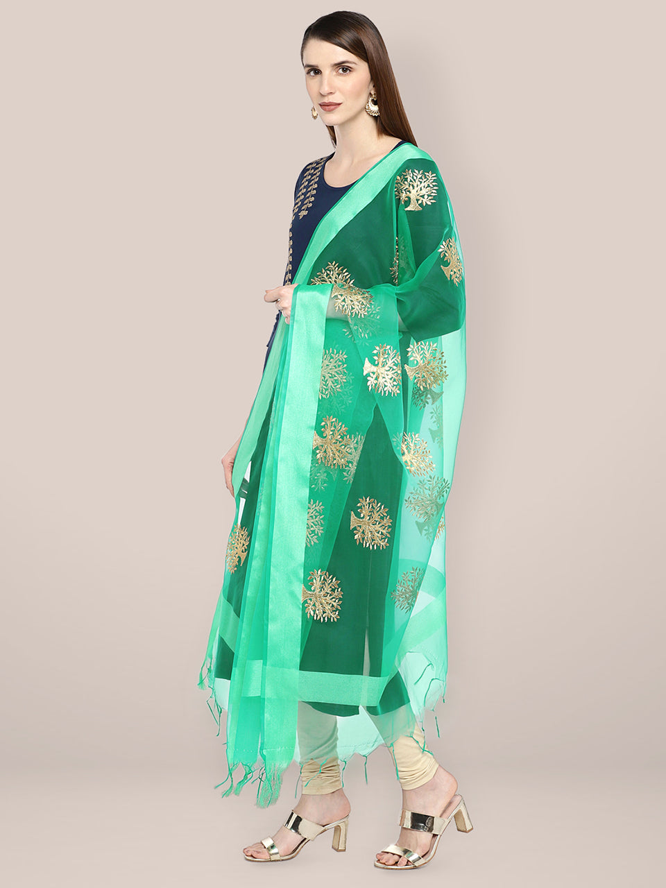 Sea Green Organza Dupatta with Gold Embroidery. freeshipping - Dupatta Bazaar