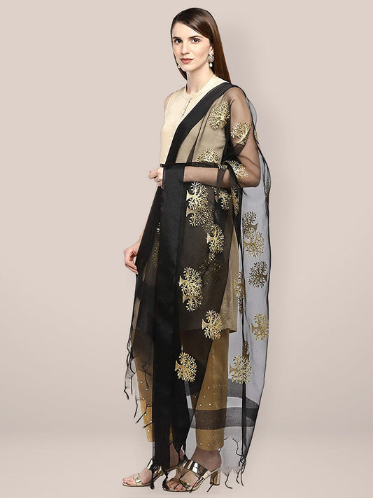 Black Organza Dupatta with Gold Embroidery. freeshipping - Dupatta Bazaar