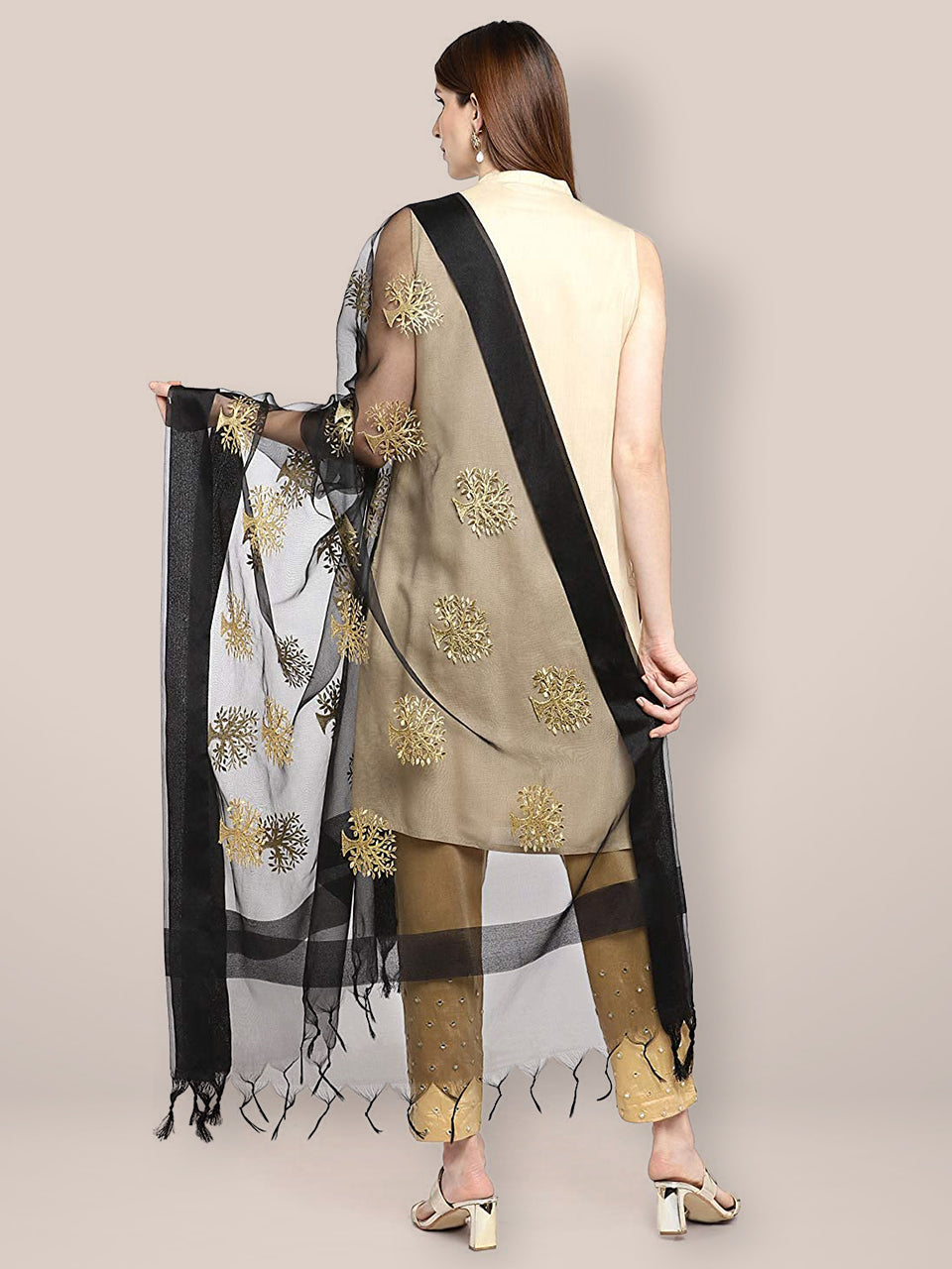 Black Organza Dupatta with Gold Embroidery. freeshipping - Dupatta Bazaar