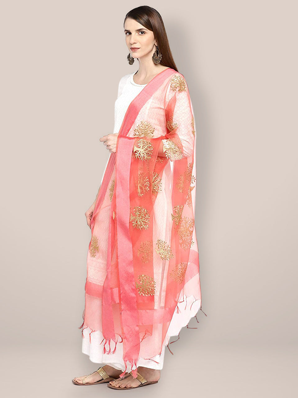 Peach Organza Dupatta with Gold Embroidery. freeshipping - Dupatta Bazaar