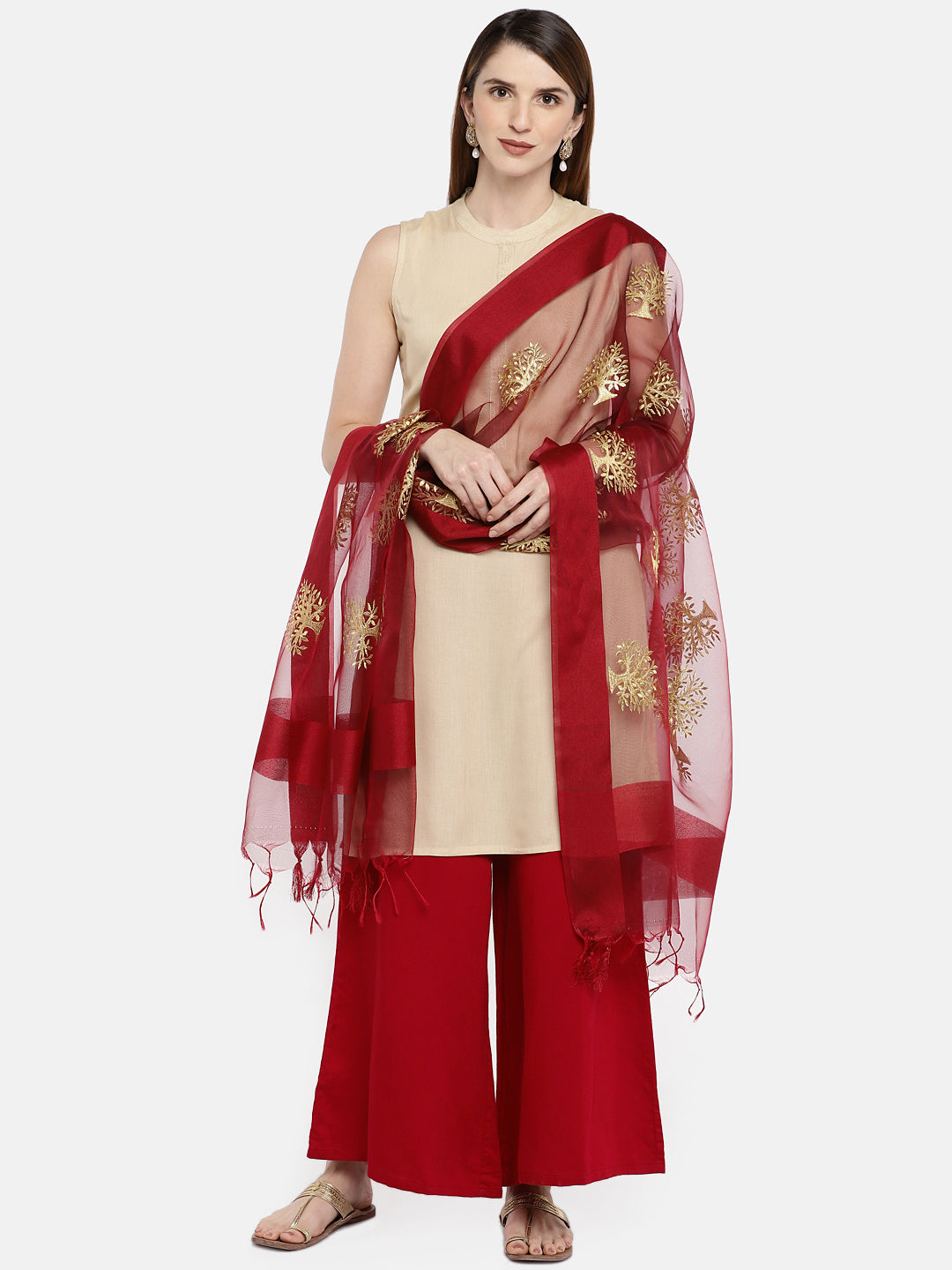 Dupatta Bazaar Woman's Maroon Organza Dupatta with Gold Embroidery. - Dupatta Bazaar