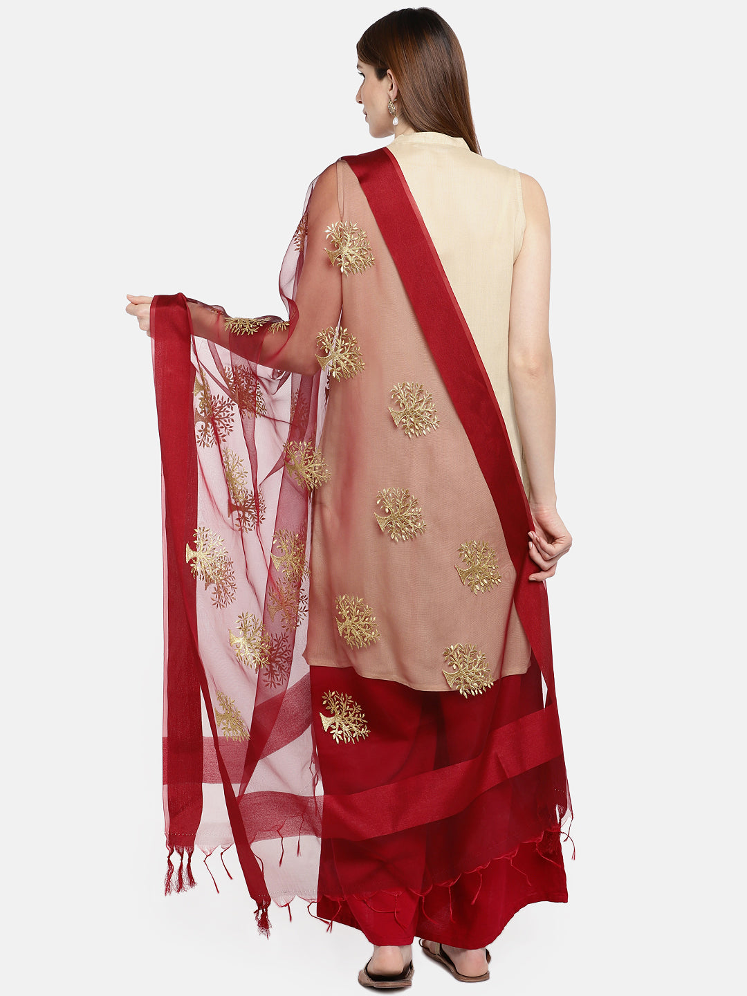 Dupatta Bazaar Woman's Maroon Organza Dupatta with Gold Embroidery. - Dupatta Bazaar