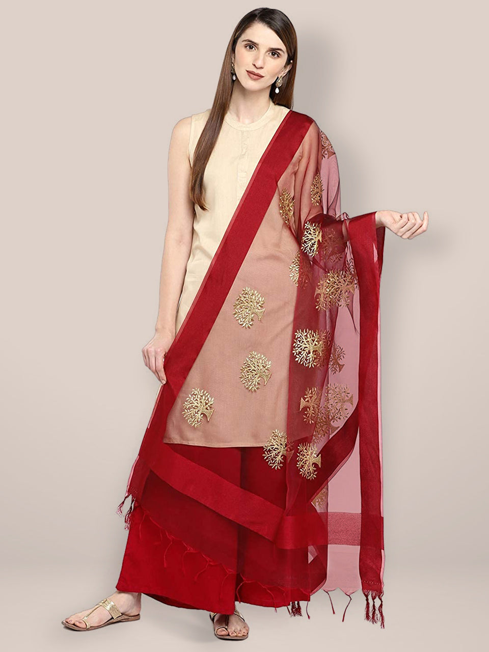 Maroon Organza Dupatta with Gold Embroidery. freeshipping - Dupatta Bazaar