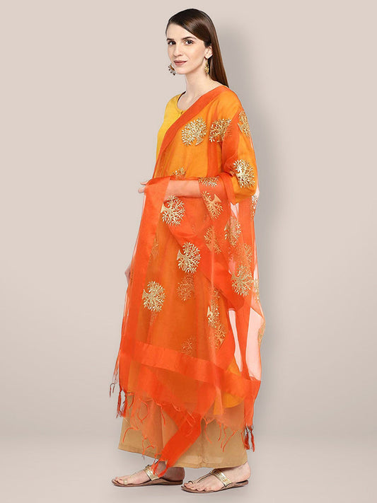 Orange Organza Dupatta with Gold Embroidery. freeshipping - Dupatta Bazaar
