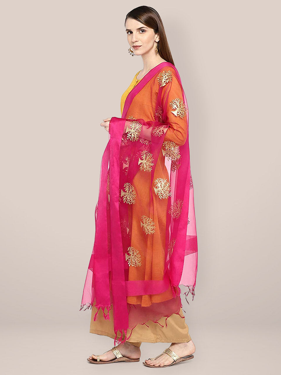 Pink Organza Dupatta with Gold Embroidery. freeshipping - Dupatta Bazaar