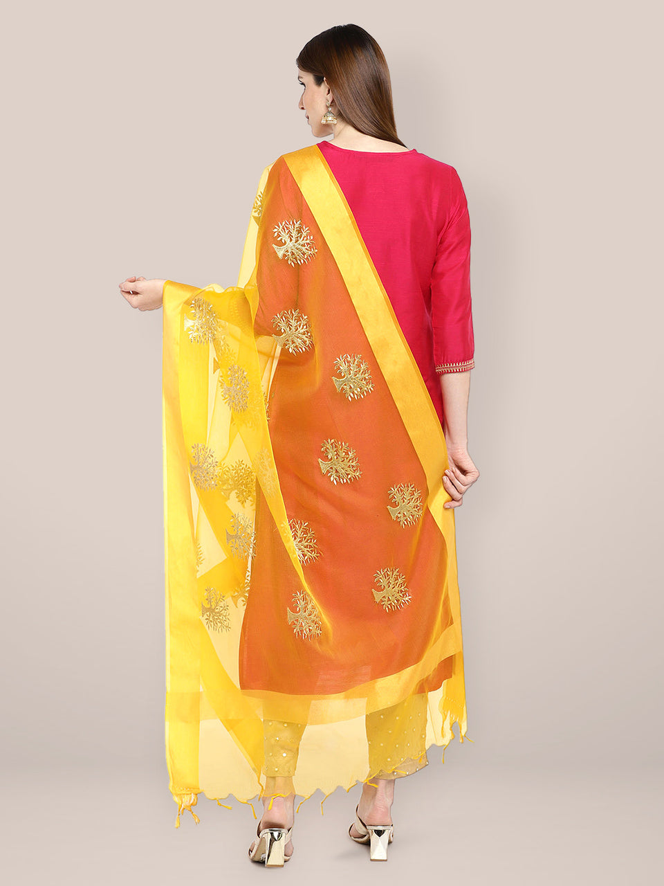 Yellow Organza Dupatta with Gold Embroidery. freeshipping - Dupatta Bazaar