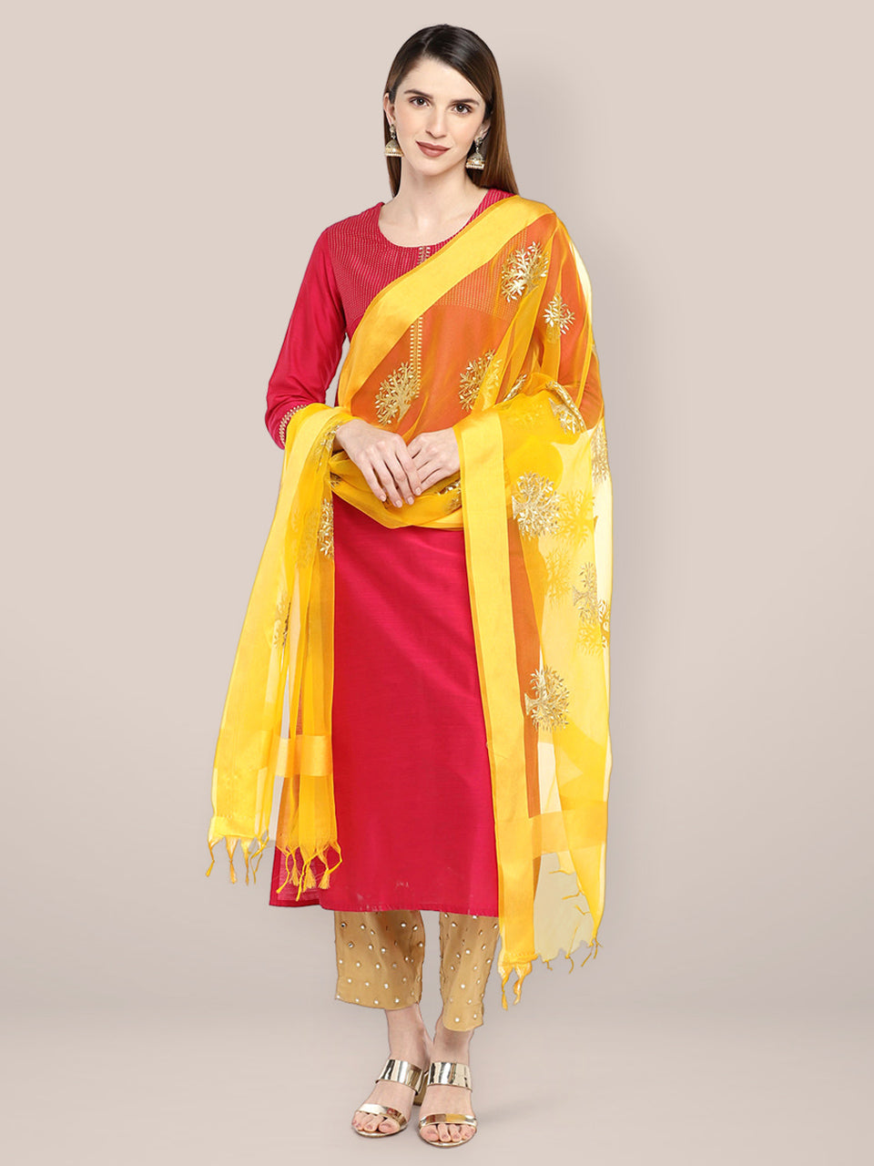 Yellow Organza Dupatta with Gold Embroidery. freeshipping - Dupatta Bazaar