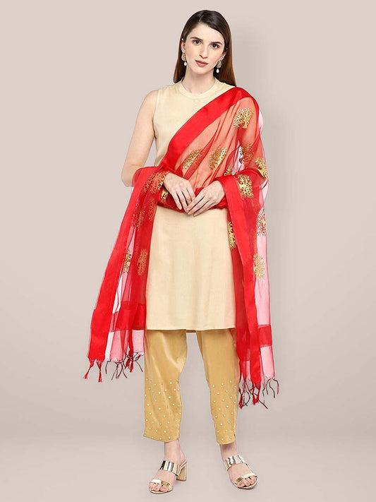 Red Organza Dupatta with Gold Embroidery. freeshipping - Dupatta Bazaar