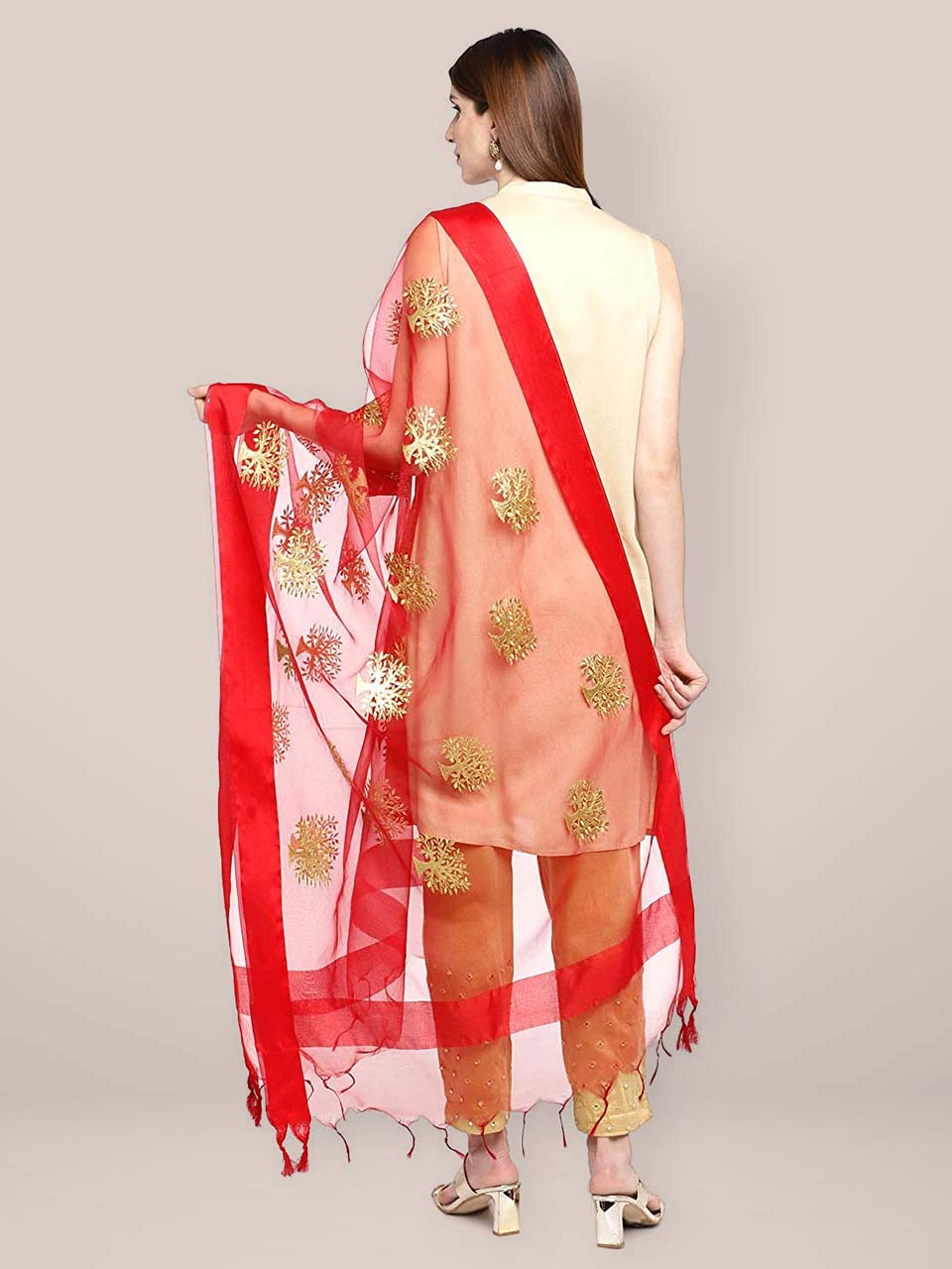 Red Organza Dupatta with Gold Embroidery. freeshipping - Dupatta Bazaar