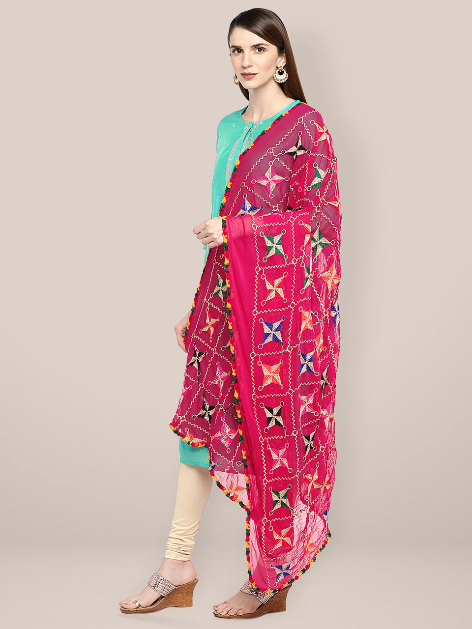 Pink & Multicoloured Chiffon  Phulkari  Dupatta. freeshipping - Dupatta Bazaar