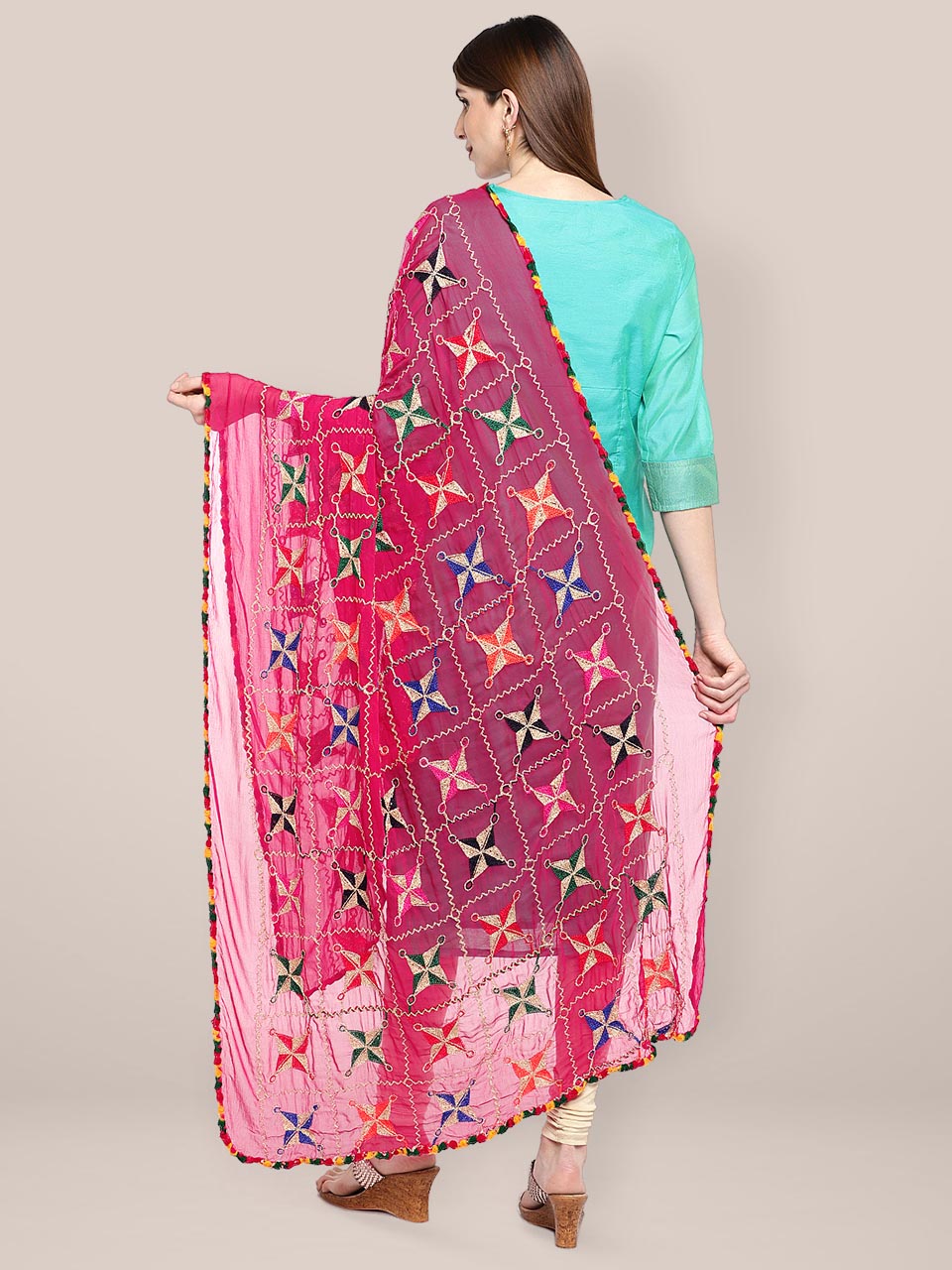 Pink & Multicoloured Chiffon  Phulkari  Dupatta. freeshipping - Dupatta Bazaar