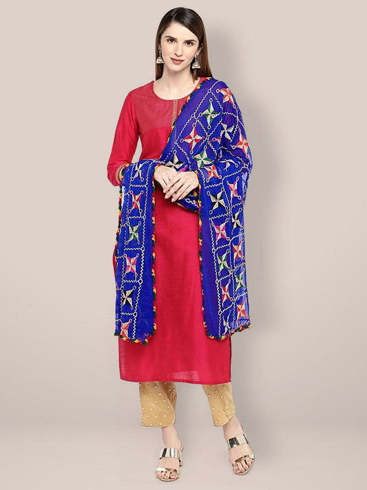 Blue & Multicoloured Chiffon Phulkari Dupatta. freeshipping - Dupatta Bazaar