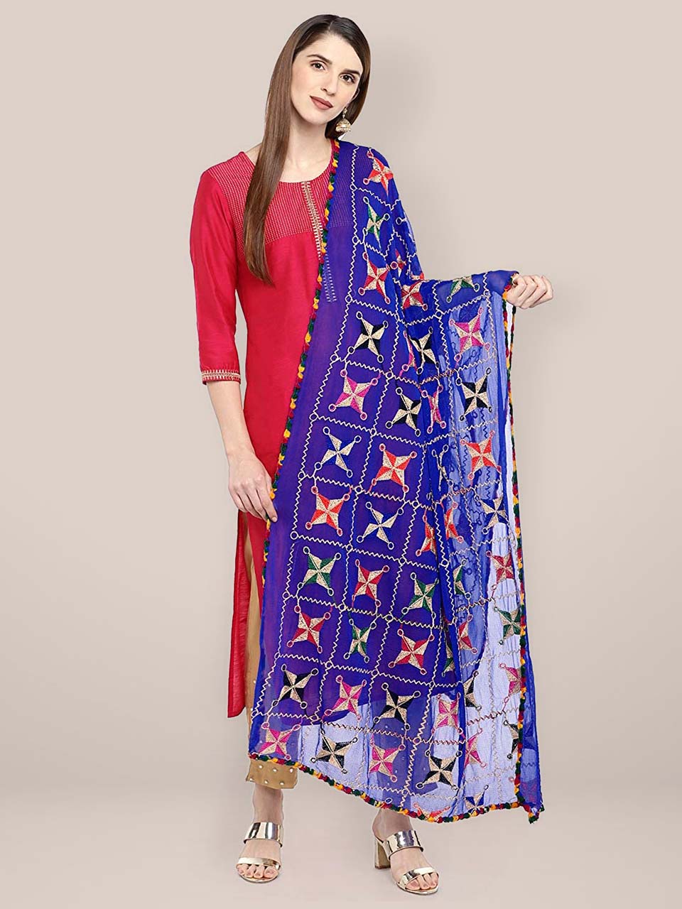 Blue & Multicoloured Chiffon Phulkari Dupatta. freeshipping - Dupatta Bazaar