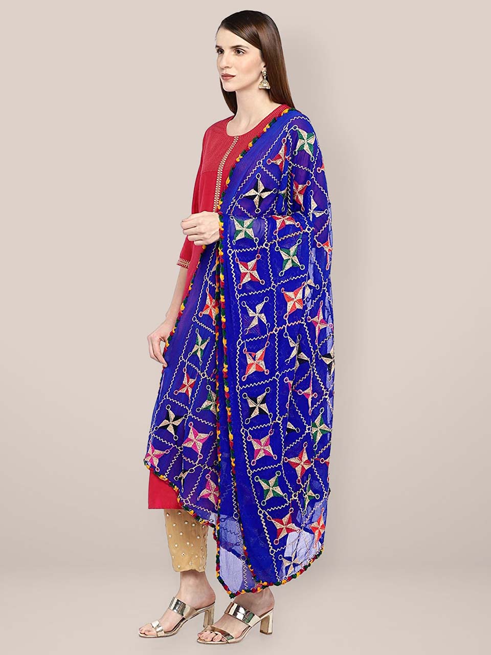 Blue & Multicoloured Chiffon Phulkari Dupatta. freeshipping - Dupatta Bazaar