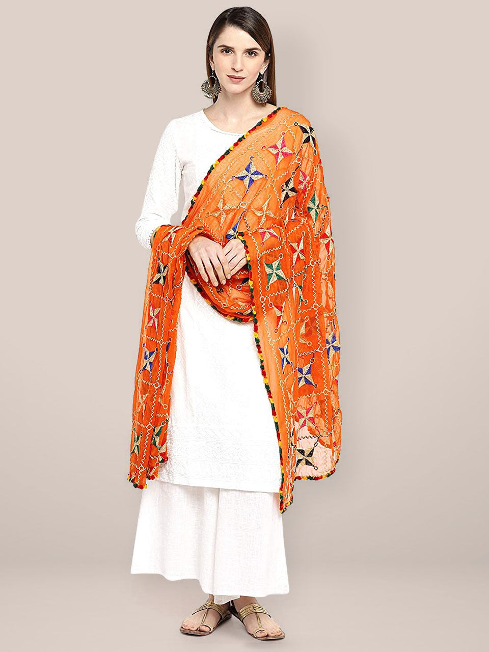 Orange Phulkari Chiffon Dupatta freeshipping - Dupatta Bazaar