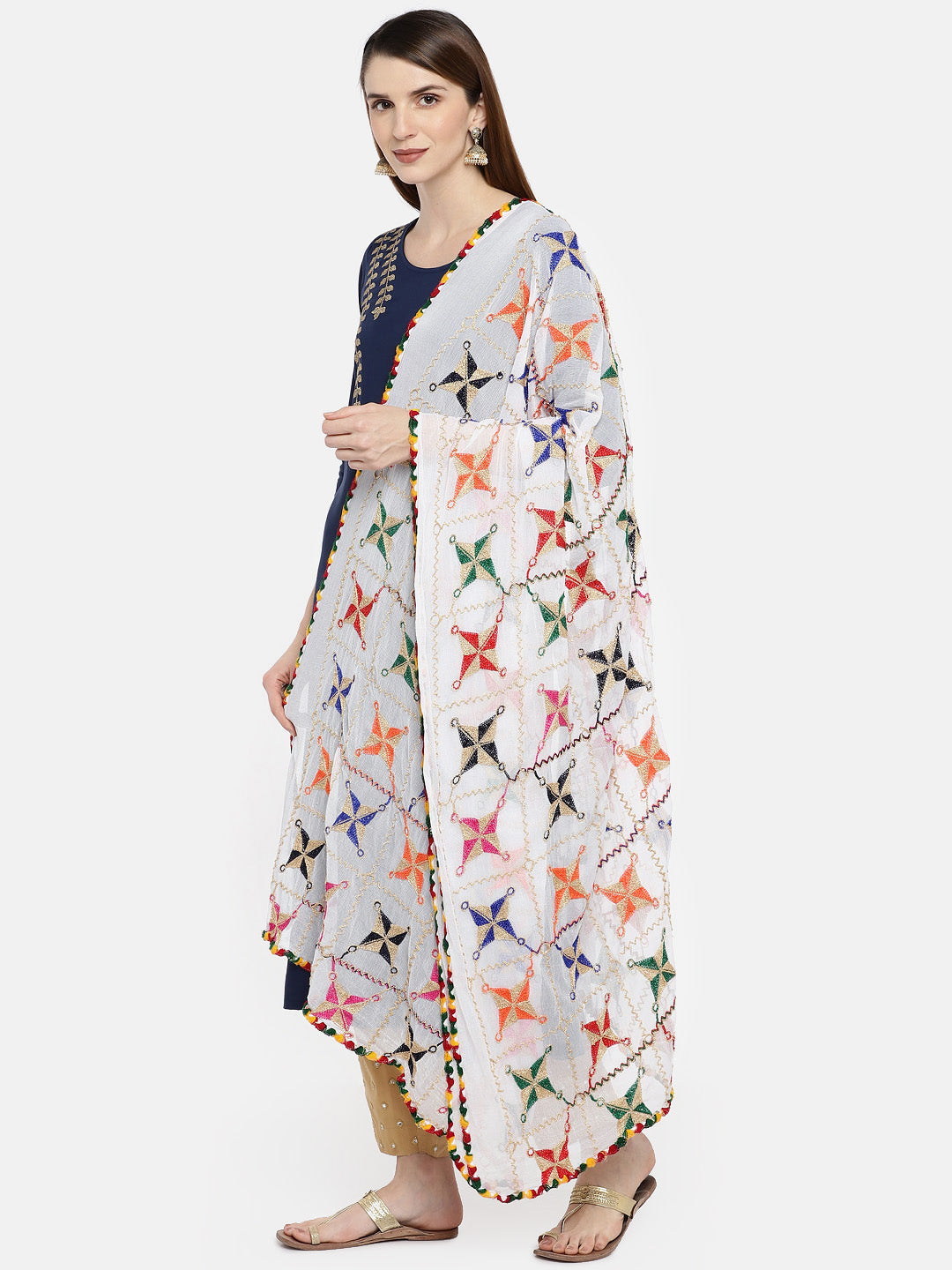 Dupatta Bazaar Women's Embroidered White & Multicoloured Chiffon Dupatta. - Dupatta Bazaar