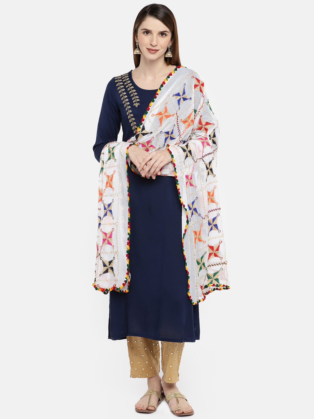 Dupatta Bazaar Women's Embroidered White & Multicoloured Chiffon Dupatta. - Dupatta Bazaar