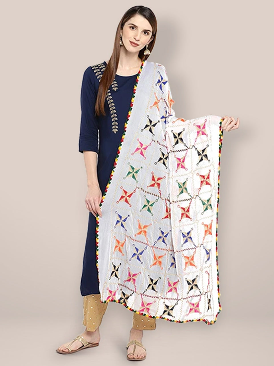 White Phulkari Chiffon Dupatta freeshipping - Dupatta Bazaar