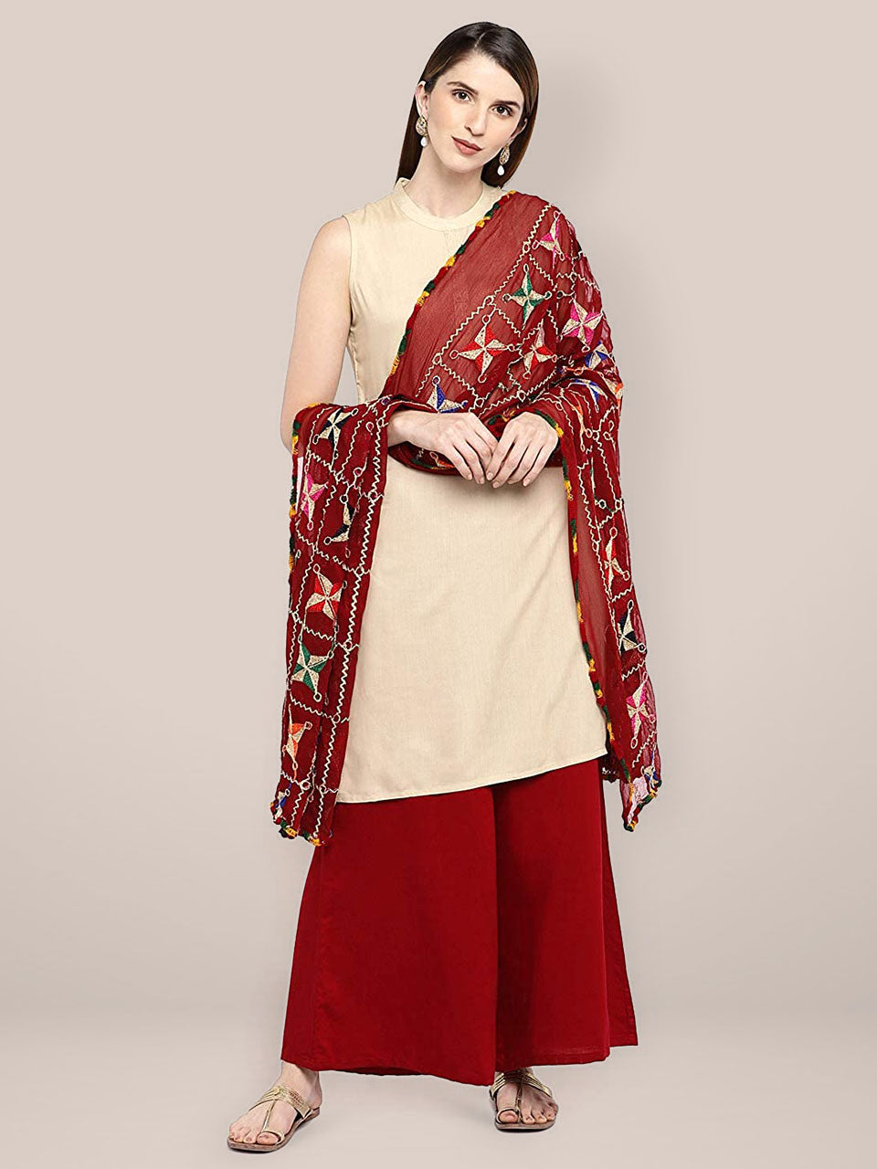 Maroon Phulkari Chiffon Dupatta freeshipping - Dupatta Bazaar