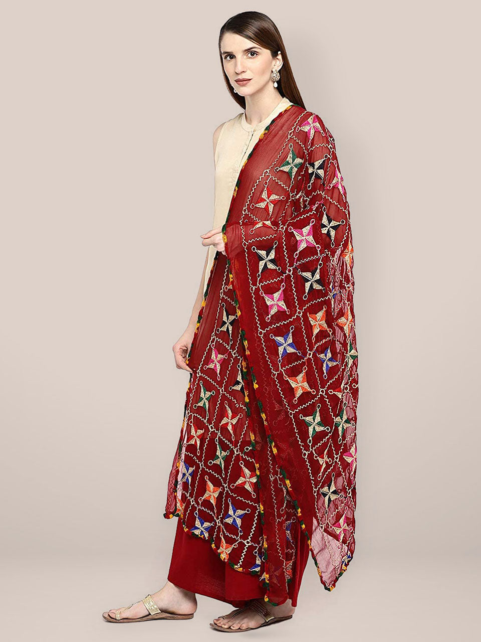 Maroon Phulkari Chiffon Dupatta freeshipping - Dupatta Bazaar