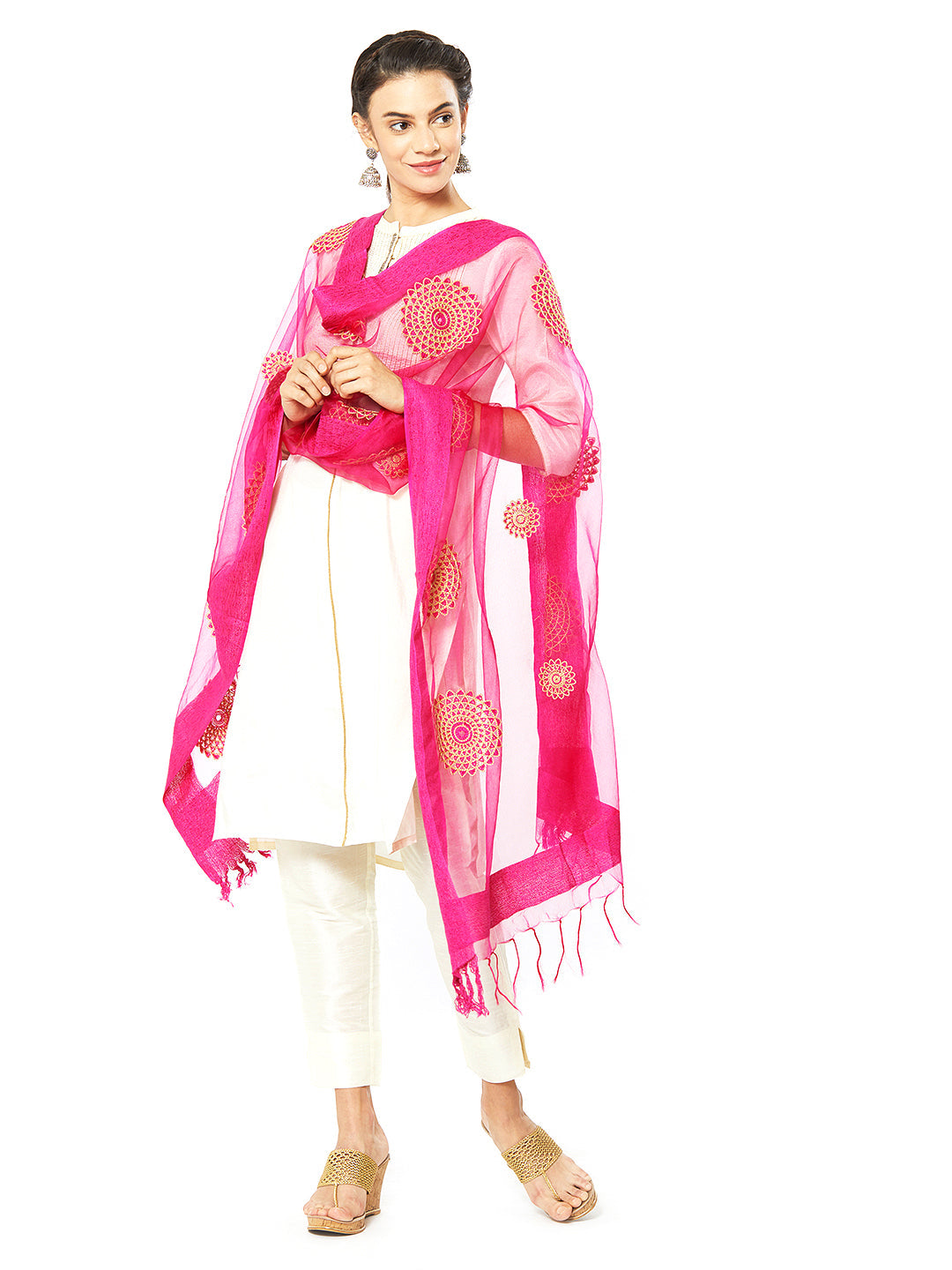 Dupatta Bazaar Woman's Pink Organza Dupatta with Embroidery. - Dupatta Bazaar
