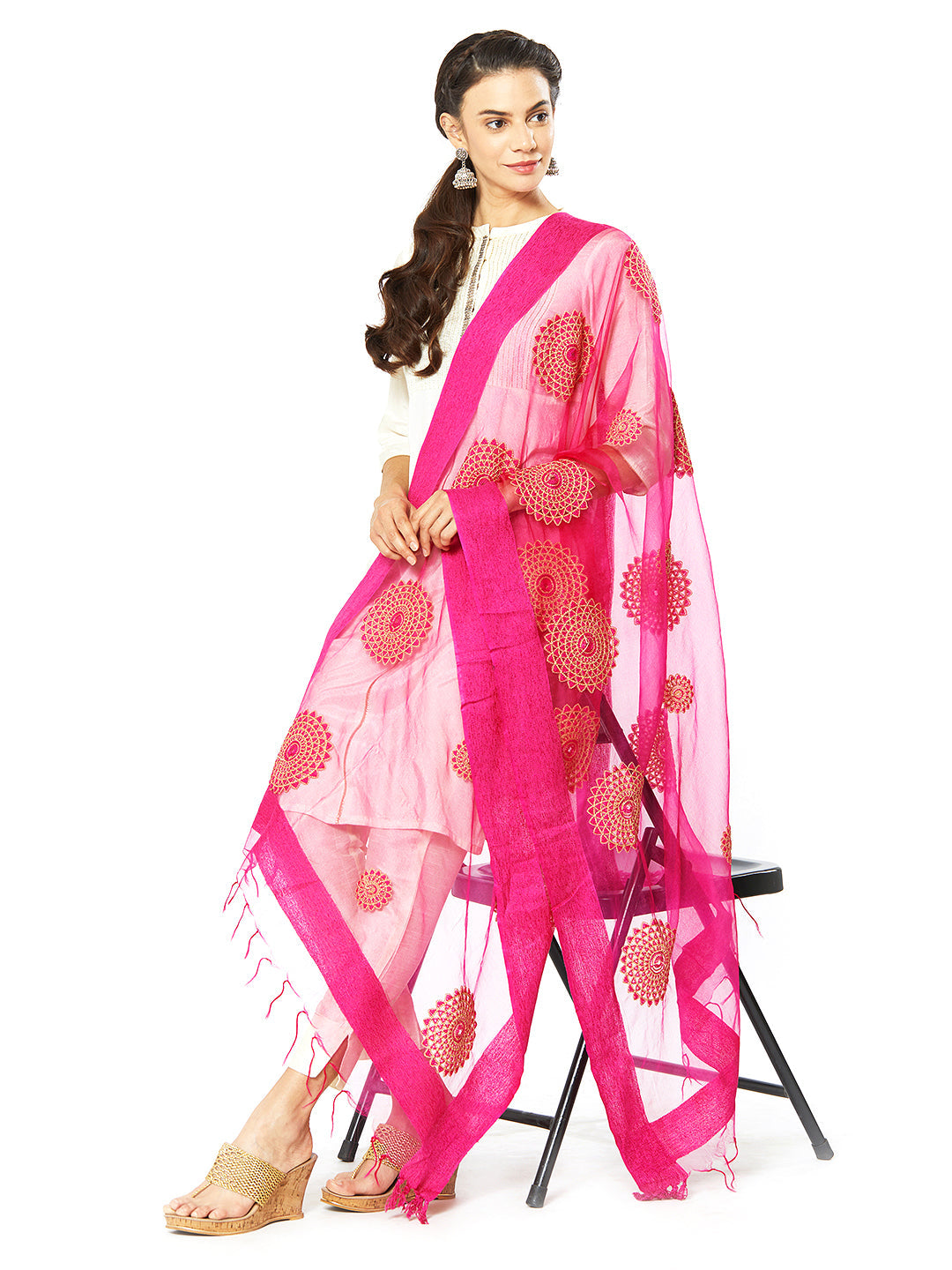 Dupatta Bazaar Woman's Pink Organza Dupatta with Embroidery. - Dupatta Bazaar