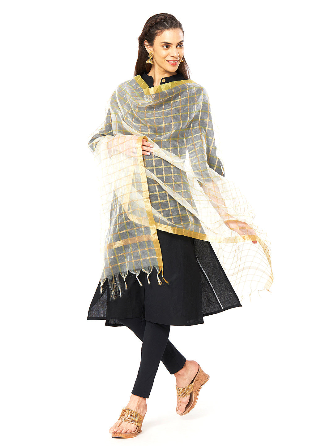Dupatta Bazaar Woman's White & Gold Organza Dupatta. - Dupatta Bazaar