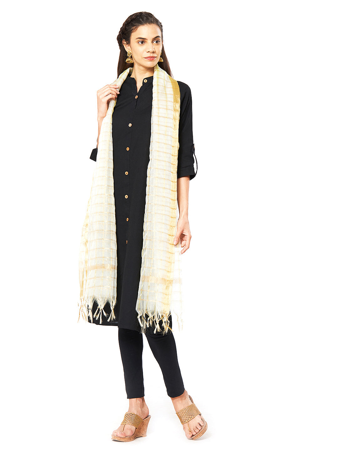 Dupatta Bazaar Woman's White & Gold Organza Dupatta. - Dupatta Bazaar