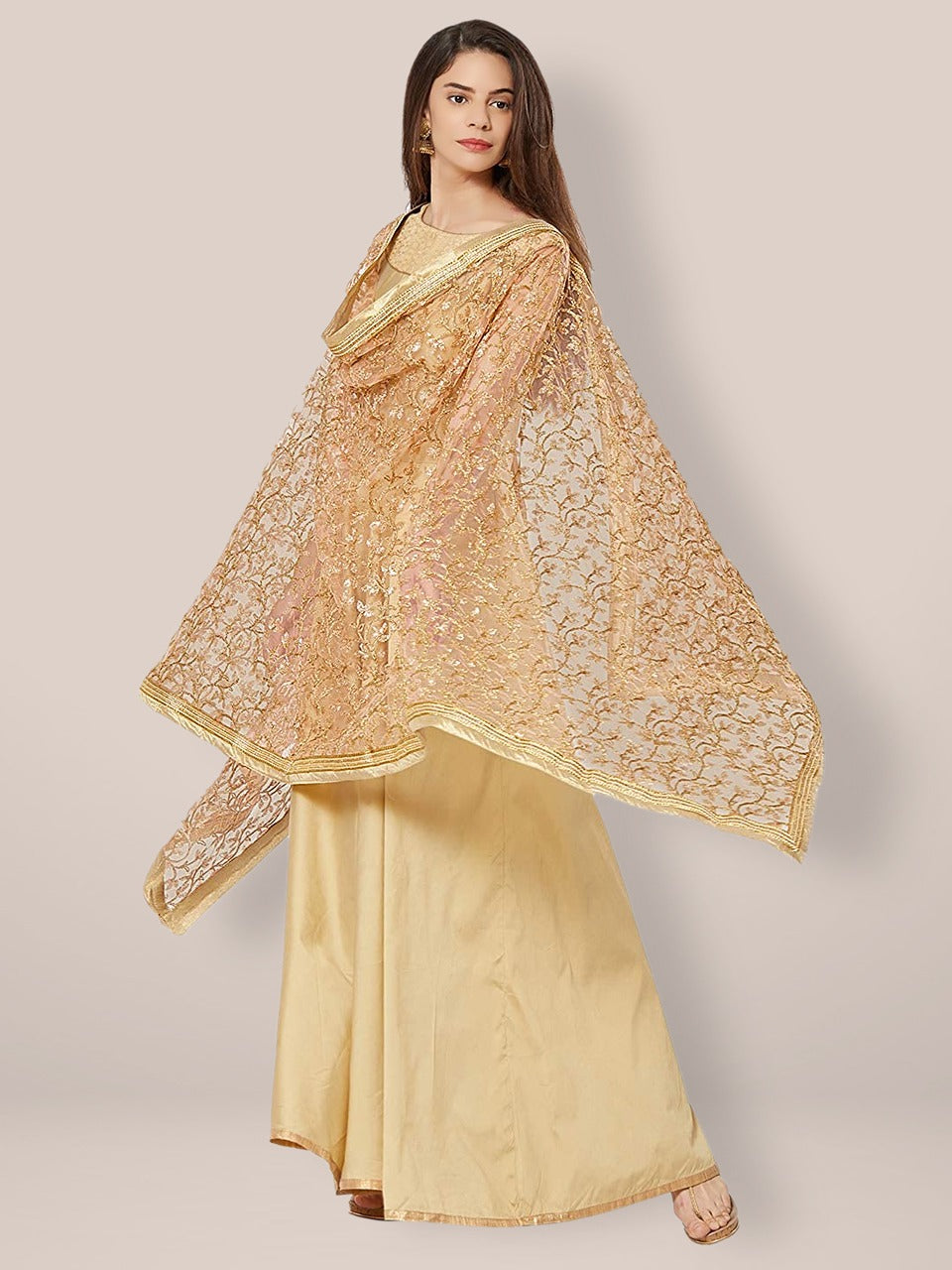 Peach & Gold Embroidered Net Dupatta freeshipping - Dupatta Bazaar