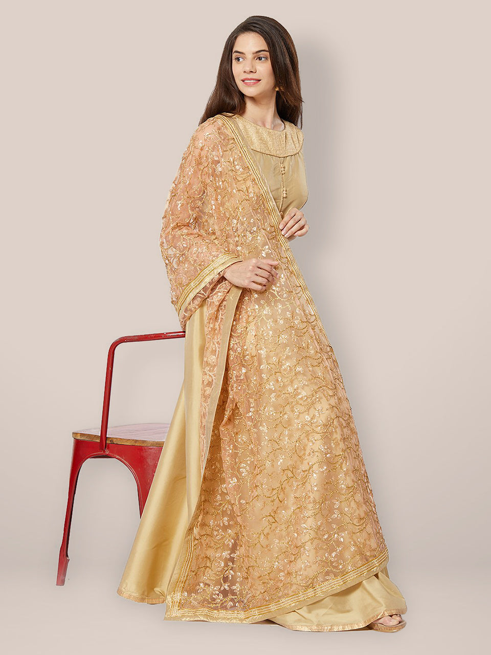 Peach & Gold Embroidered Net Dupatta freeshipping - Dupatta Bazaar