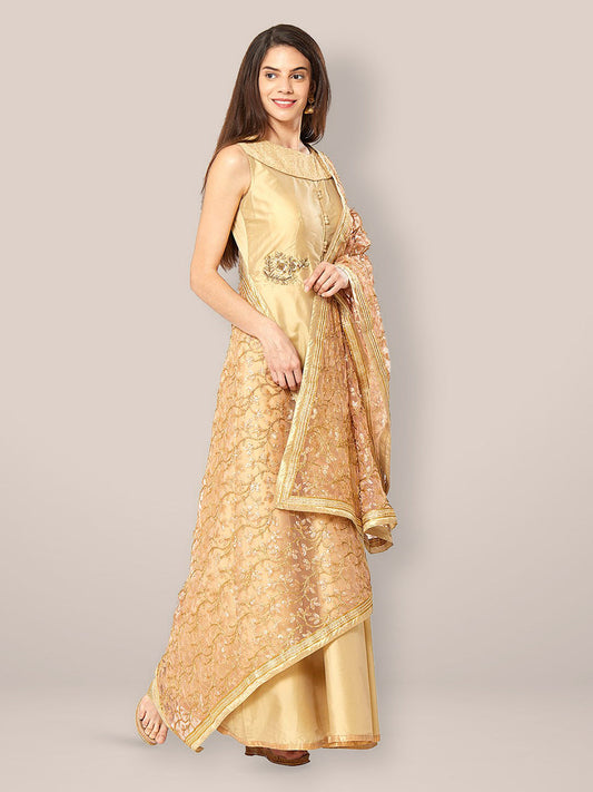Peach & Gold Embroidered Net Dupatta freeshipping - Dupatta Bazaar