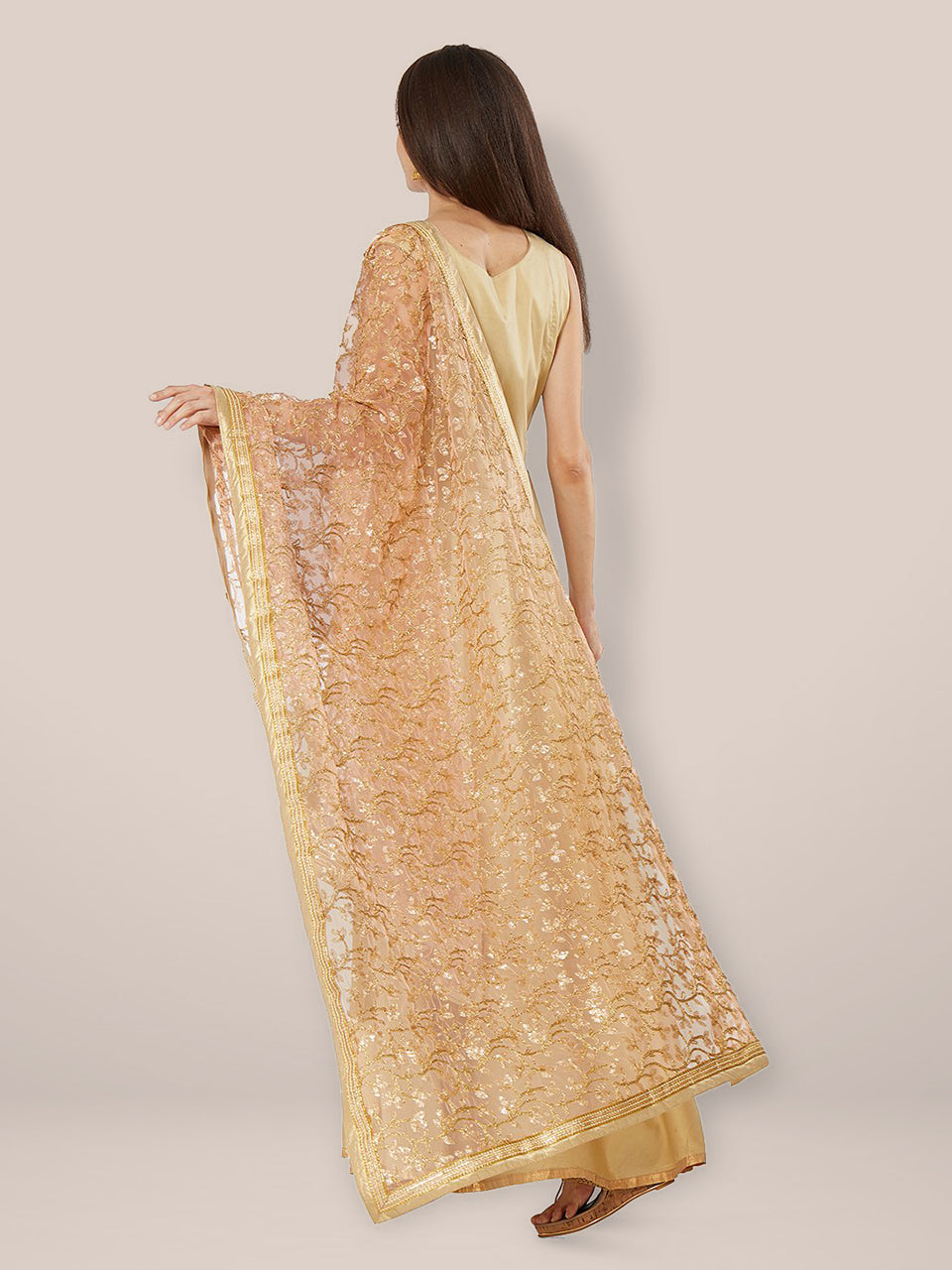 Peach & Gold Embroidered Net Dupatta freeshipping - Dupatta Bazaar