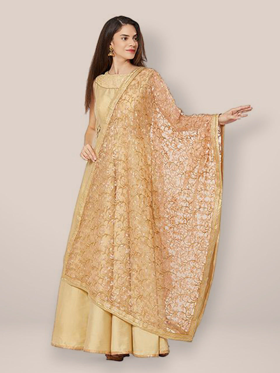 Peach & Gold Embroidered Net Dupatta freeshipping - Dupatta Bazaar