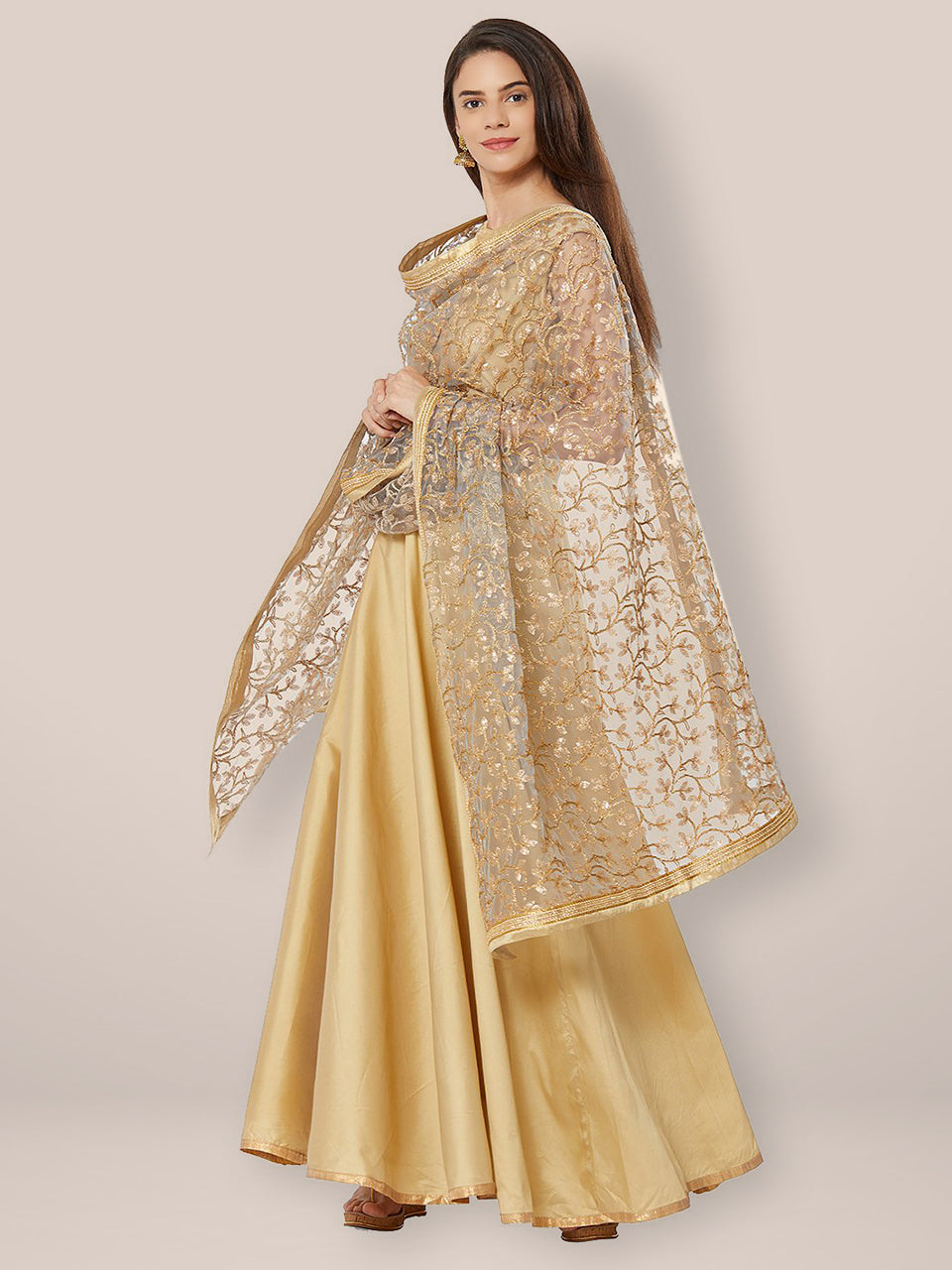 Grey & Gold Embroidered Net Dupatta freeshipping - Dupatta Bazaar