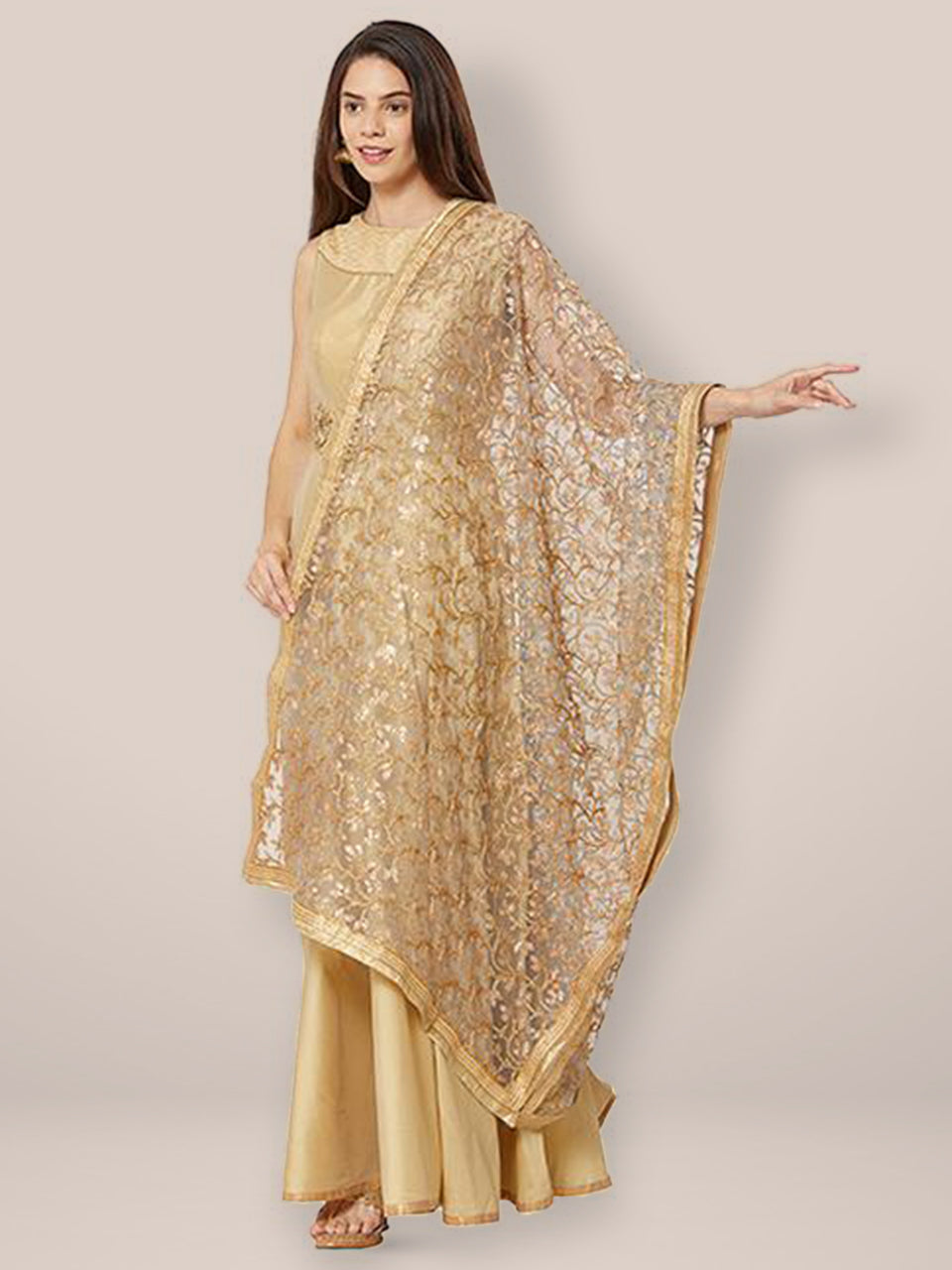 Grey & Gold Embroidered Net Dupatta freeshipping - Dupatta Bazaar