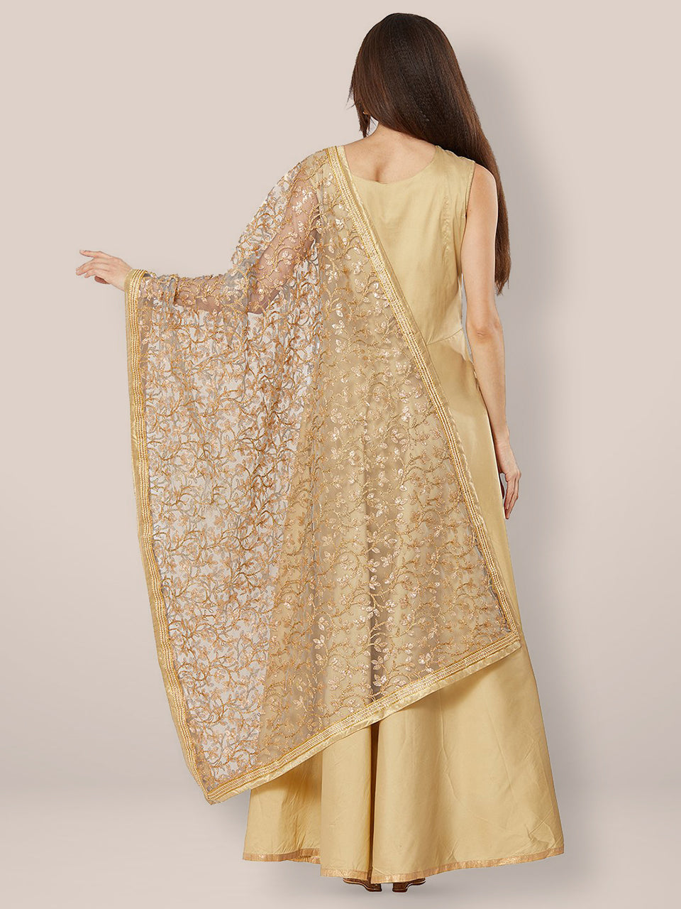 Grey & Gold Embroidered Net Dupatta freeshipping - Dupatta Bazaar