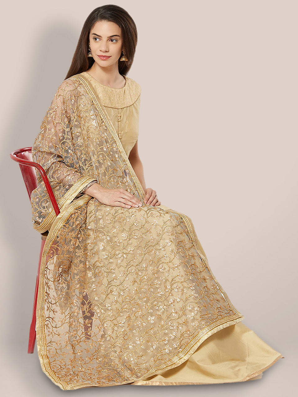 Grey & Gold Embroidered Net Dupatta freeshipping - Dupatta Bazaar