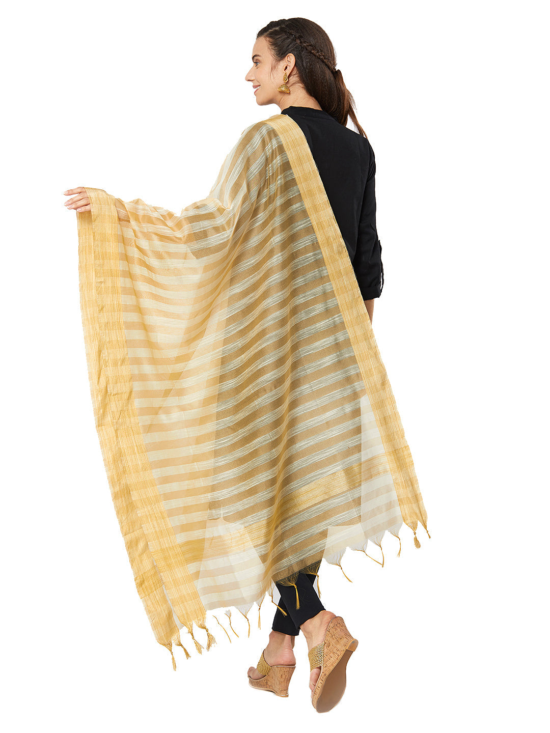Dupatta Bazaar Woman's Striped Cotton Silk Dupatta in Beige - Dupatta Bazaar