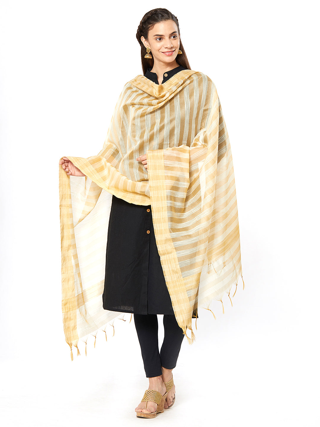 Dupatta Bazaar Woman's Striped Cotton Silk Dupatta in Beige - Dupatta Bazaar