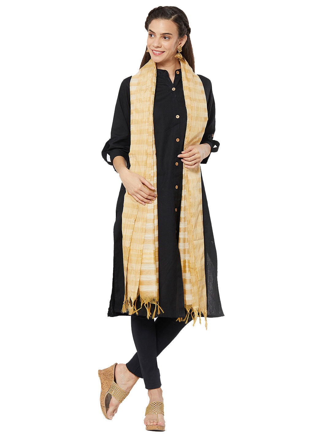 Dupatta Bazaar Woman's Striped Cotton Silk Dupatta in Beige - Dupatta Bazaar