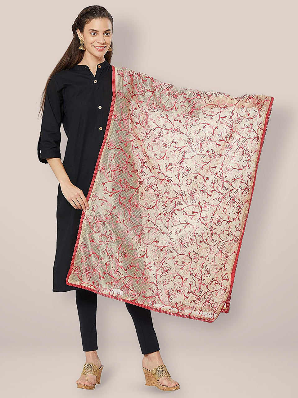 Pink & Gold Embroidered Dupatta freeshipping - Dupatta Bazaar