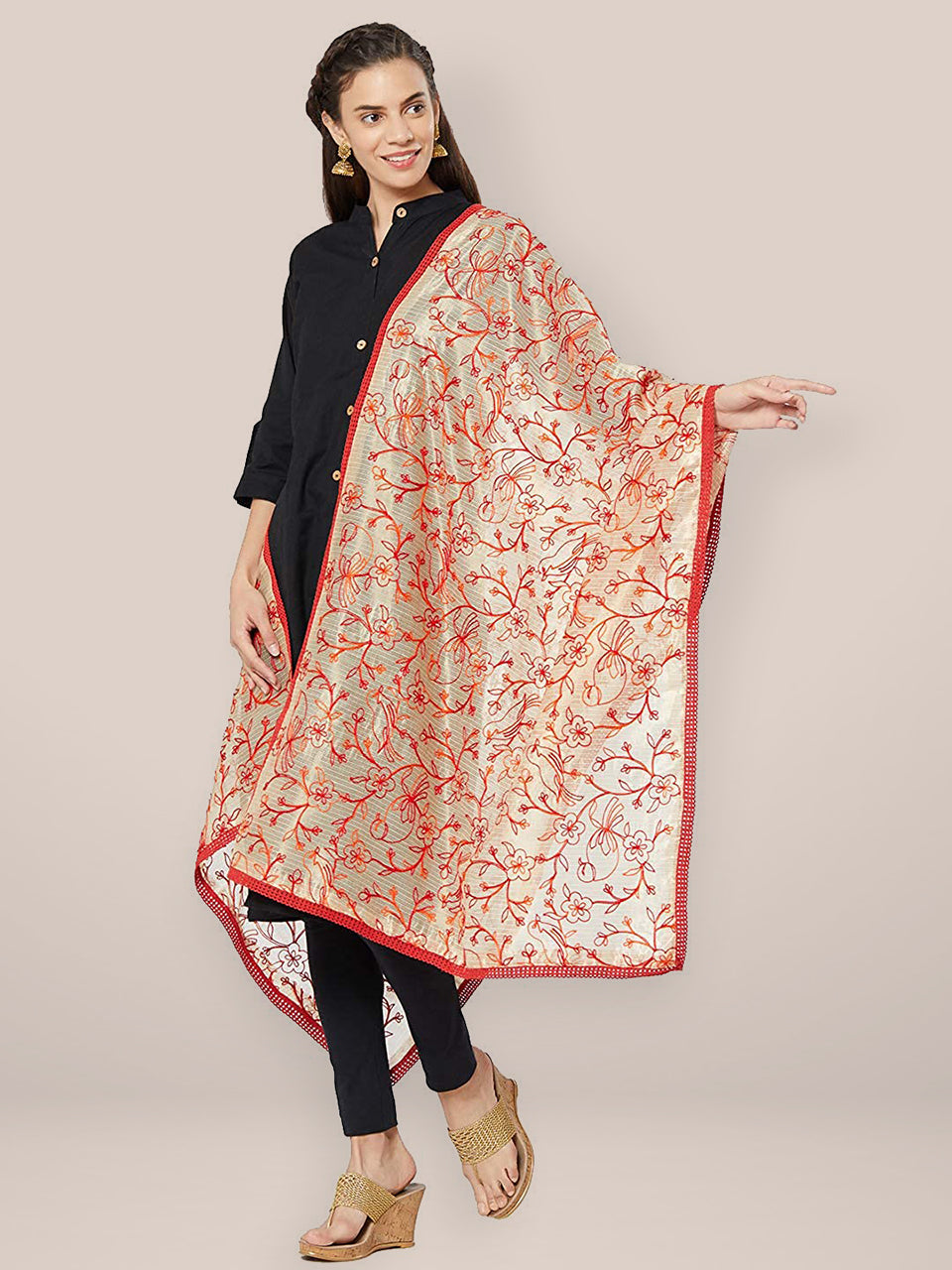 Red & Gold Embroidered Cotton Silk Dupatta freeshipping - Dupatta Bazaar