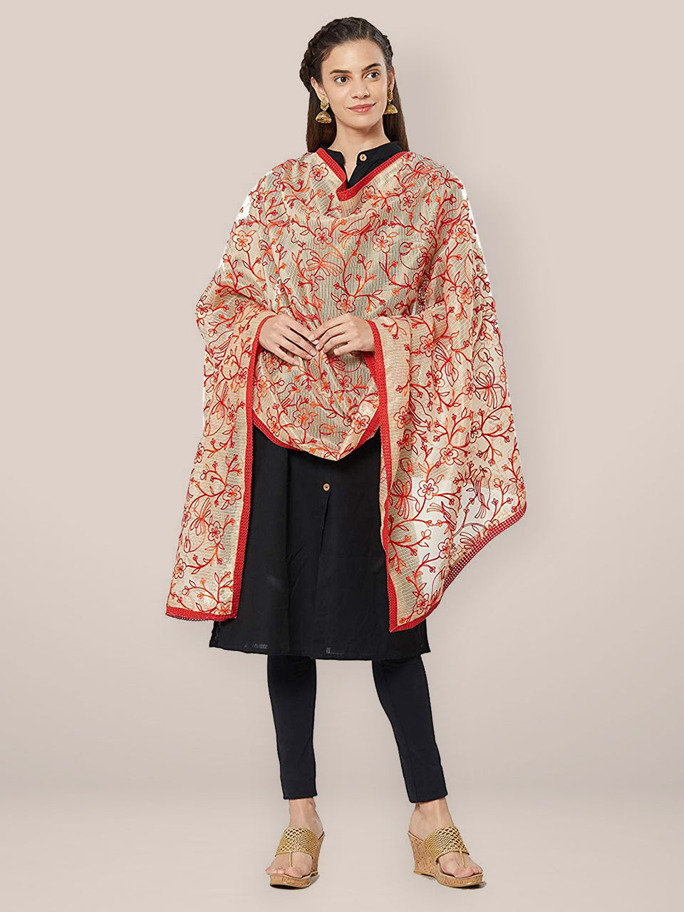 Red & Gold Embroidered Cotton Silk Dupatta freeshipping - Dupatta Bazaar