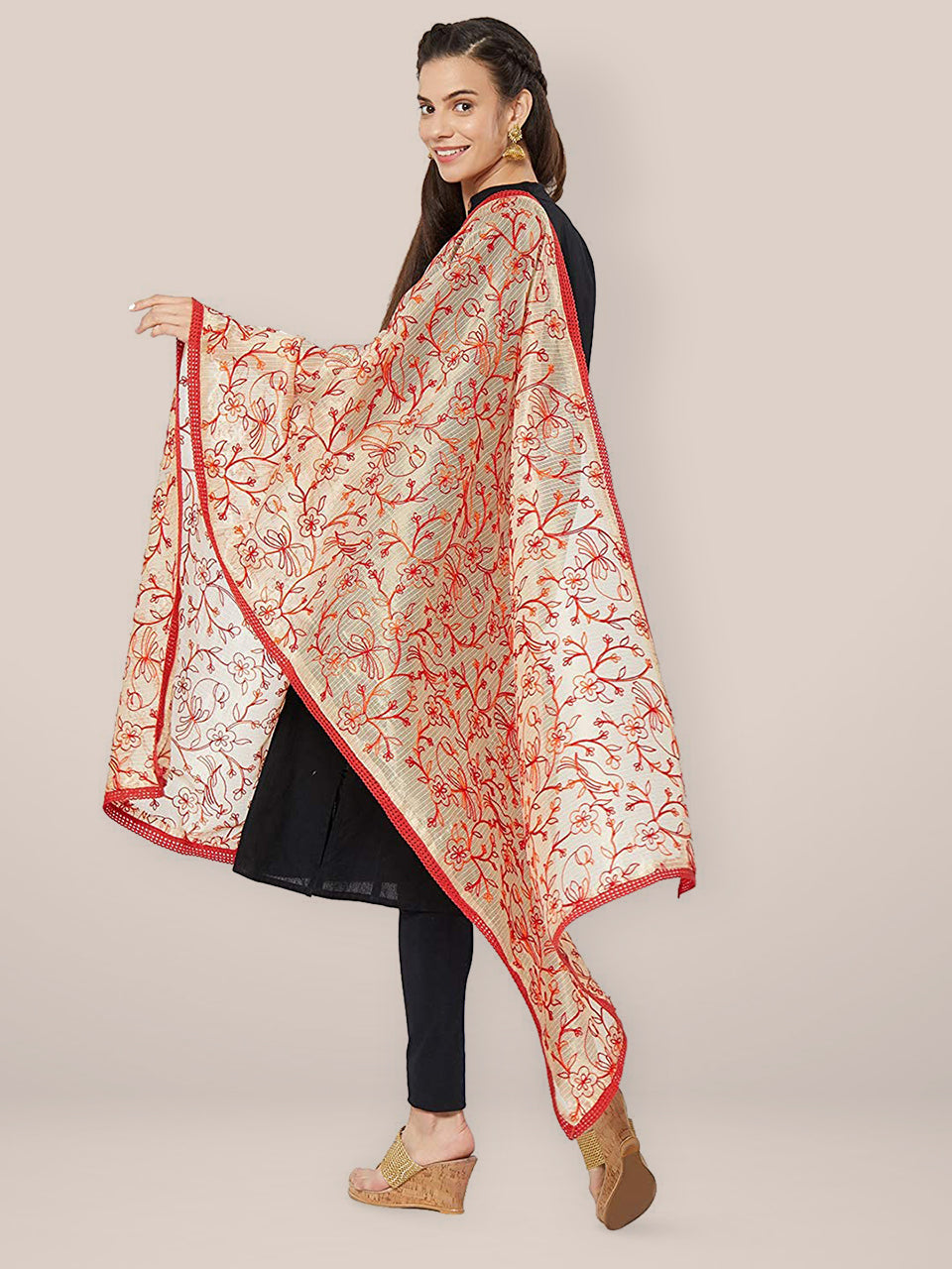Red & Gold Embroidered Cotton Silk Dupatta freeshipping - Dupatta Bazaar