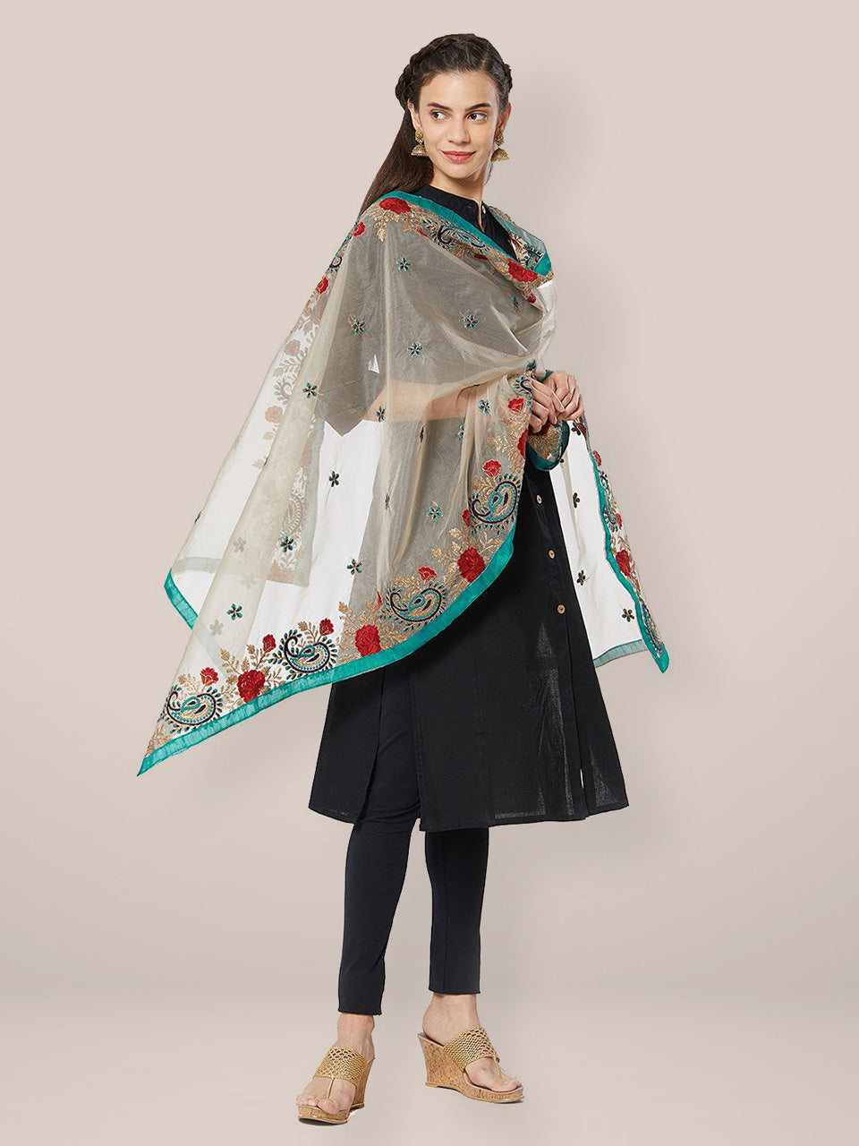 Multi coloured Embroidered Organza Dupatta freeshipping - Dupatta Bazaar