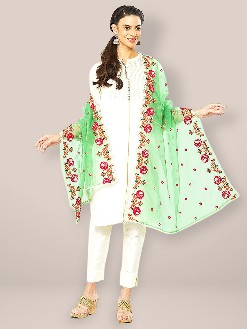 Green Embroidered Organza Dupatta freeshipping - Dupatta Bazaar