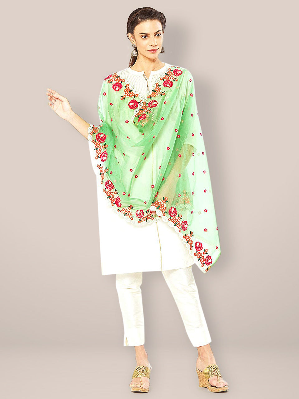 Green Embroidered Organza Dupatta freeshipping - Dupatta Bazaar